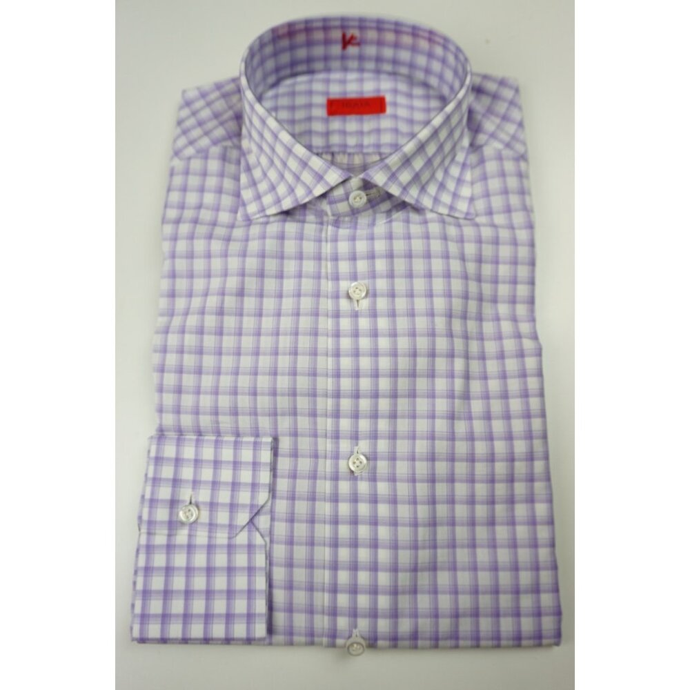 Isaia Napoli Lavender White Plaid Long Sleeve Cotton Dress Shirt 15.5/39 NEW